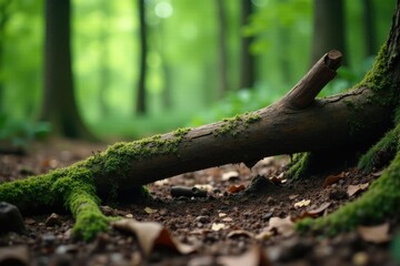 Obraz premium Broken branch submerged in the forest soil with roots of surrounding trees, tree, soil, growth