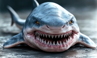 Fototapeta premium Menacing shark bares teeth on beach, wildlife danger
