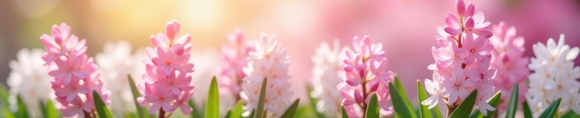 Fototapeta premium delicate white flowers surround pink hyacinth bloom, blossom, garden, white