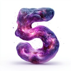 Number 5 made of swirling cosmic nebula with deep purple and pink hues, scattered stars glowing within isolated on a clean white background