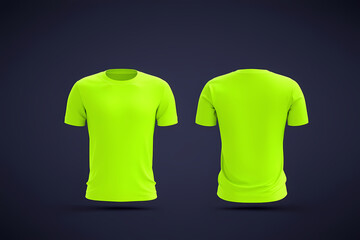 Blank neon green t-shirt mockup front, back view. Activewear design template for outdoor sports safety. Illustrates blank shirt suitable for customization. High visibility apparel for men or women