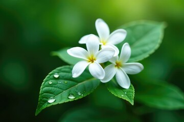 Obraz premium Delicate white jasmine flowers glisten in raindrops on a leaf, bloom, garden, serene