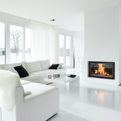 Modern minimalist living room with fireplace and white furniture