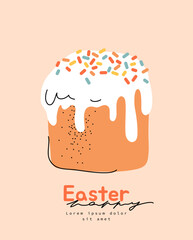 Easter cake with white icing and multi-colored confectionery sprinkles on a light background, Easter greeting card, simple cute hand drawn illustration, drawing, flat style