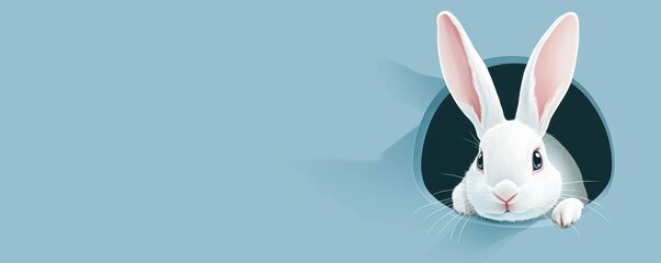 Rabbit gazes from a hole, blue backdrop, banner ready for text.