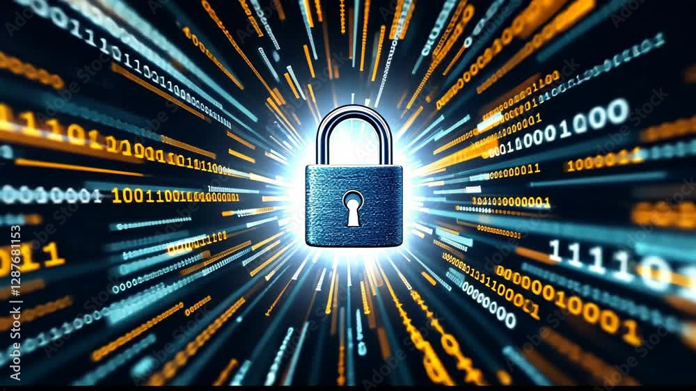 Poster Digital security evolution: animated lock with dynamic binary code background
