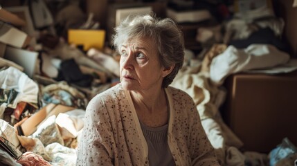 Obraz premium Dementia symptoms in a senior woman repeatedly asking about a missing item in a cluttered bedroom. Featuring confusion and agitation