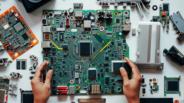 Aerial view of hands assembling computer circuit board surrounded by various electronics components and tools during daylight hours in a workspace environment
