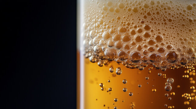 A professional macro photography shot of a tall beer glass with a thick, foamy head1