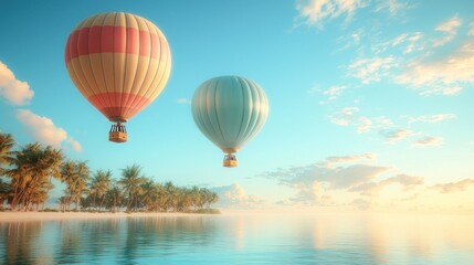 Fototapeta premium Hot air balloons floating over tropical beach at sunset, ideal travel wallpaper
