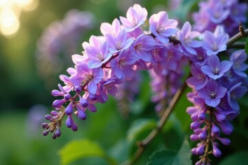 Fototapeta premium Delicate Wisteria blooms entwined with curved vines, garden feature, purple blossoms