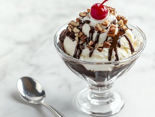 バニラアイスクリームサンデーとチョコレートソース、ナッツ、チェリーのトッピング　デザート | Vanilla Ice Cream Sundae with Chocolate Sauce, Nuts, and Cherry
