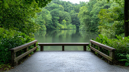 Fototapeta premium Serene lakeside bench, lush greenery, calm waters, tranquil park scene, perfect for relaxation