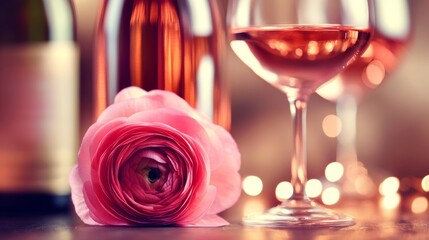 70.A close-up of a vibrant ranunculus flower lying beside elegant bottles of rose wine, with a glass of wine capturing soft reflections under warm ambient lighting.