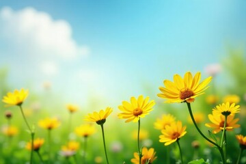 Obraz premium Delicate yellow daisies sway in gentle breeze, garden, wildflowers