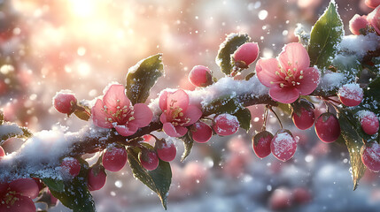 Frozen Pink Blossoms Covered in Snow, Winter Meets Spring in Soft Pastel Tones