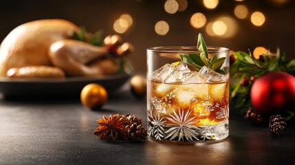 Bourbon cocktail in a glass etched with fall motifs, set on a table with turkey dinner and cornucopia in soft focus, holiday warmth