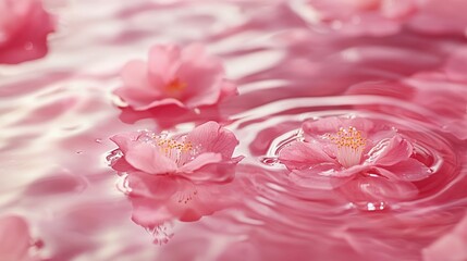 Fototapeta premium 80.A serene view of soft ripples and shimmering drops on transparent pink water, interspersed with floating pink flowers creating a tranquil, dreamlike composition.