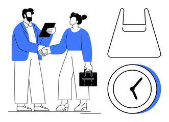 Two businesspeople shake hands, one holding a clipboard, other a briefcase, next to icons of a shopping bag and clock. Ideal for partnership, business deals, cooperation, ecommerce, scheduling