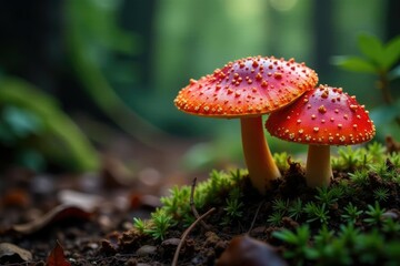 Fungal caps with bright red spots in the forest undergrowth, decay, spores, nature