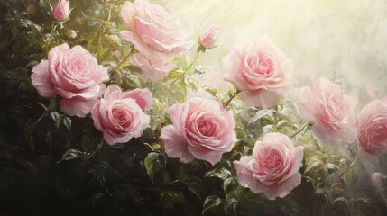 Fototapeta premium 88.A tranquil spring setting with pastel pink roses softly swaying in a gentle breeze, their petals catching the warm rays of the sun in a lush, sunlit garden.