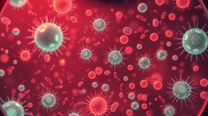 Overhead bird’s eye view Isekai anime style depiction of bacteria and microbes under a microscope, smooth glowing cells floating in liquid. Expressive composition, top-down perspective.