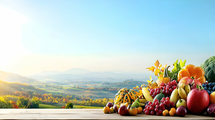 Autumn Harvest: Colorful Fruits and Vegetables on Wooden Table Against Mountain View