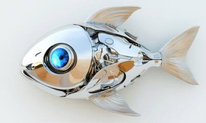 Obraz premium Metallic robotic fish with exposed mechanics on white background, tech concept