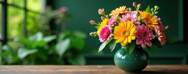Fototapeta premium Vase filled with colorful flowers and lush greenery, flowers, leaves, plants