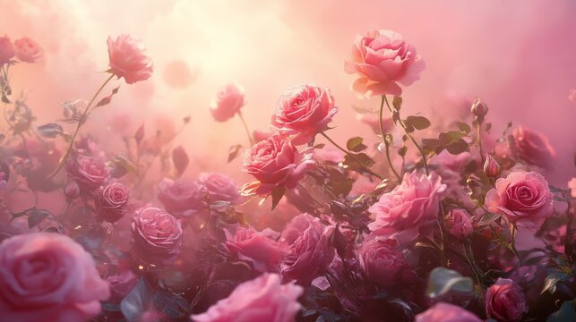 96.A dynamic scene of tender roses of varying sizes and pink hues cascading through a pink-toned atmosphere, creating a romantic and ethereal visual.