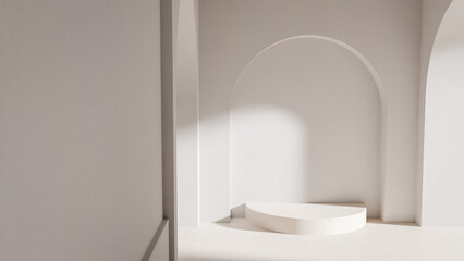 A white room with a white archway and a white pedestal. The room is empty and the archway is open premium photo 3d render