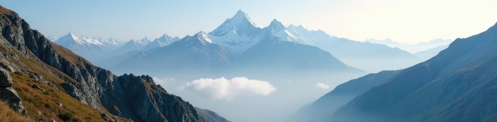 Obraz premium Majestic mountain peaks rise above rugged rocky terrain and fog, peak, misty, fog