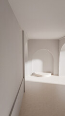 A white room with a white archway and a white pedestal. The room is empty and the archway is open premium photo 3d render