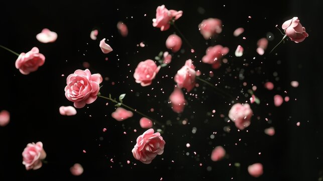 104.A dramatic composition of small pink foam roses bursting upwards against a dark black background, their delicate petals frozen in mid-air with dynamic motion trails.