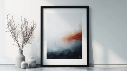 A modern picture frame with a slim black border, holding an abstract art print, isolated on a white background