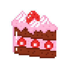 Obraz premium Chocolate slice of cake with whipped cream and strawberries in pixel style. Hand drawn vector illustration for retro-themed projects and celebrations.