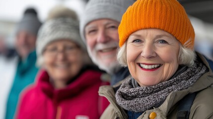 Capture heartwarming moments with senior adults enjoying winter's embrace Smiling faces radiate warmth, joy, and companionship These photographs showcase active, healthy seniors embracing the cold