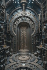 Obraz premium Ornate steampunk door entrance in a futuristic metallic room with intricate clockwork details