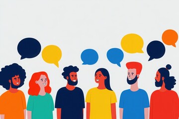 A diverse group of individuals engaging in discussion, showcasing various expressions and colorful speech bubbles in a modern style.