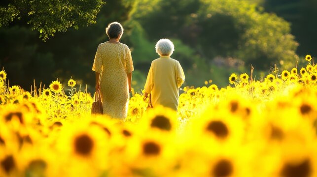 Capture the serene beauty of aging gracefully with this image of elderly women strolling through a vibrant sunflower field a symbolic representation of longevity, companionship, and the joy of shared