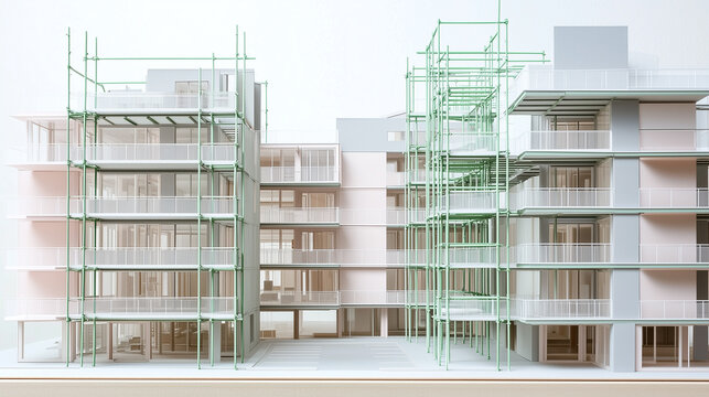 A meticulously detailed architectural model of a multi-story building complex, featuring light gray, off-white, and pale pink structures 