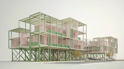 Obraz premium A modern architectural render of a conceptual model for sustainable housing, depicting a high-rise apartment complex with pastel-colored 