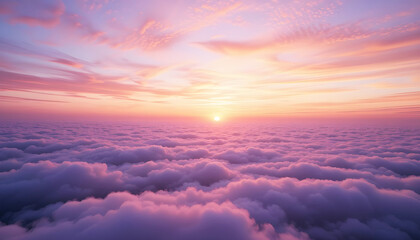 A dreamy sunset sky, floating above a sea of clouds tinted with soft pink and warm orange hues. The horizon glows