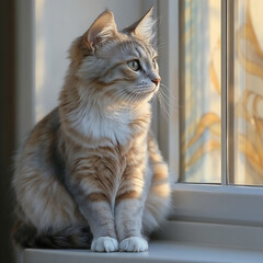 Fluffy Cat Sitting by the Window with Floral Décor