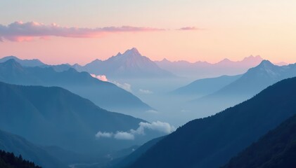 Fototapeta premium Soft grey mist envelops mountain peaks at dawn, clouds, dawn
