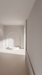 A white room with a white archway and a white pedestal. The room is empty and the archway is open premium photo 3d render