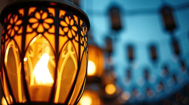An extreme macro close-up that highlights the subtle, glowing lantern light while displaying the fine details of a calm Ramadan evening - Powered by Adobe