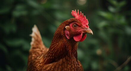 A Close-Up Portrait of a Rhode Island Red Hen in Lush Green Foliage