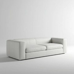 Fototapeta premium A sleek white leather sofa sits in a minimalist room with a plain white background and floor.