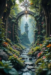 Fototapeta premium Serene Stream Flows Through Lush Jungle Landscape Past Ancient Stone Archway and Tower